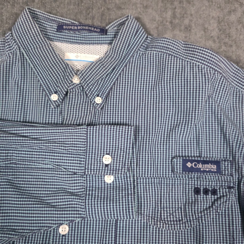 Columbia PFG Super Bonehead Fishing Shirt Mens Large Blue Gingham Roll Tab L